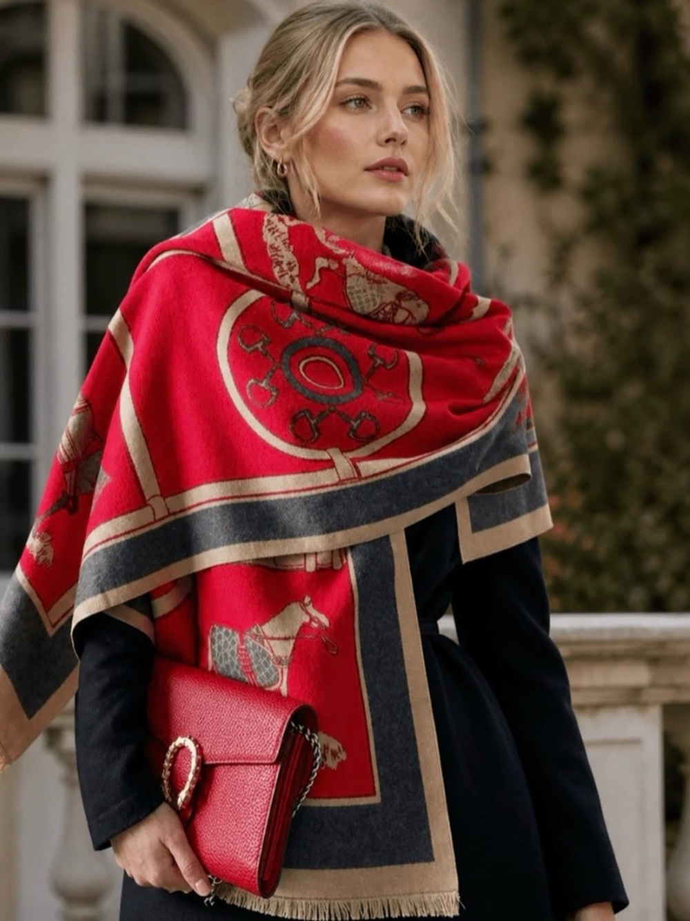 Hermès-Style Equestrian Print Red Silk Wool Scarf
